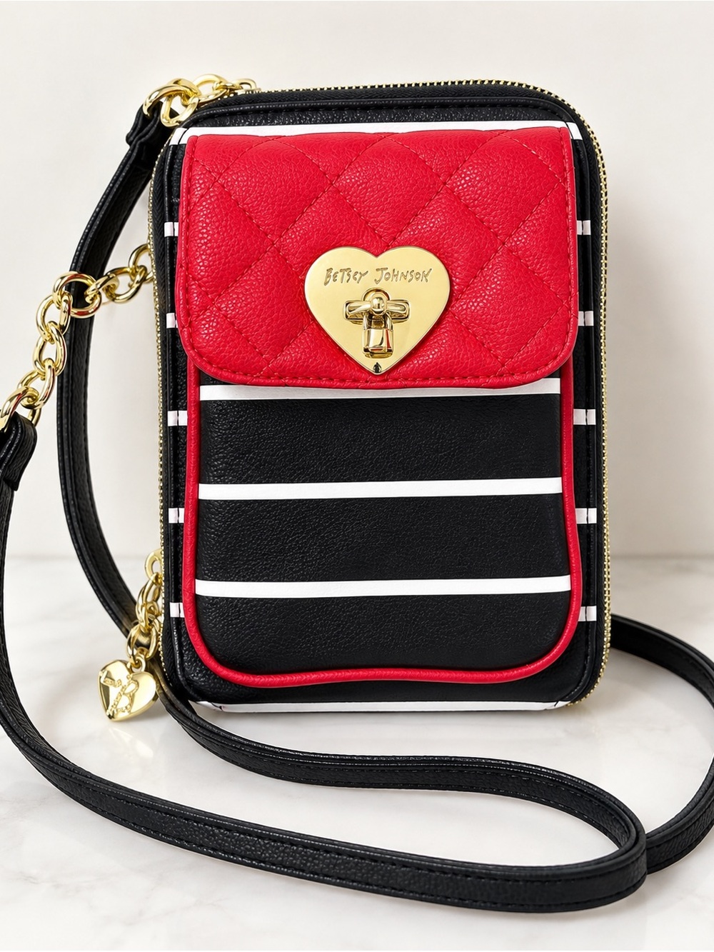 Betsey Johnson Black & Hot Pink Striped Crossbody Phone Bag with Gold Heart Lock